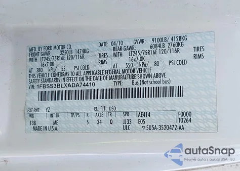 2010 Ford Econoline Xl/Xlt из США, поврежденный, VIN 1FBSS3BLXADA74410